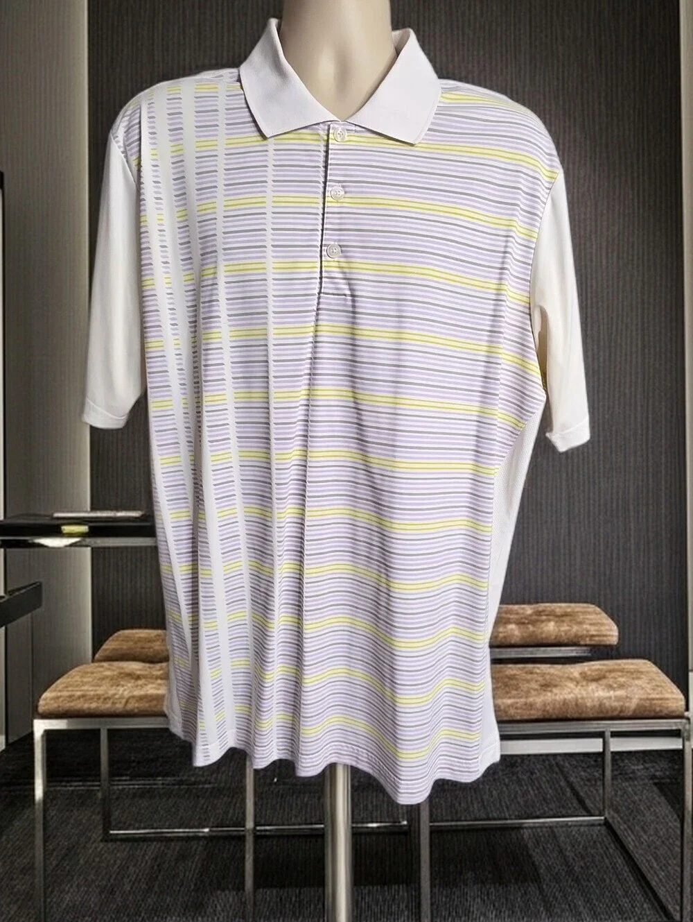 886. Adidas Golf Climacool Polo Shirt Men's XL White Purple Yellow Striped